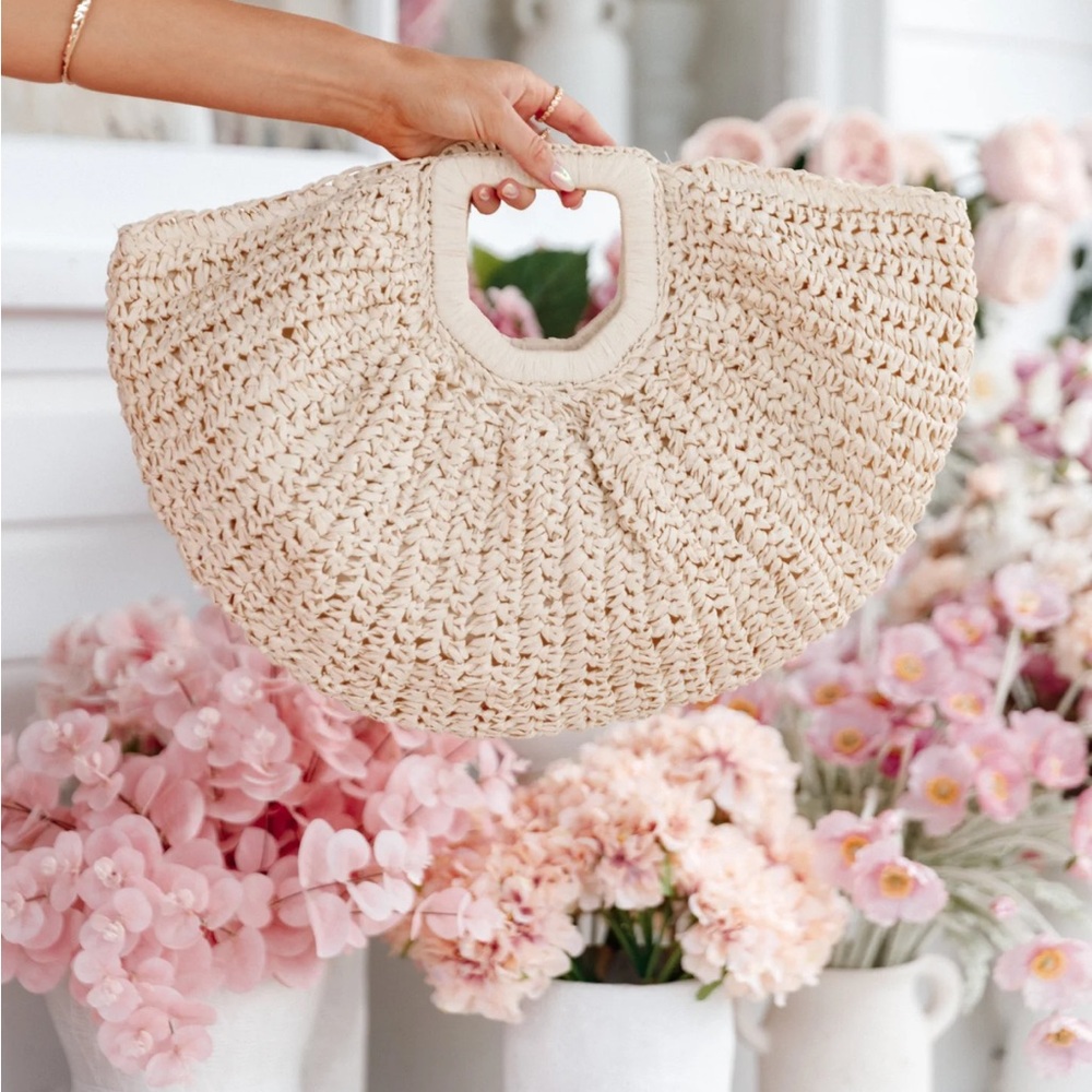 Woven Straw Half-Moon Tote Bag in Cream